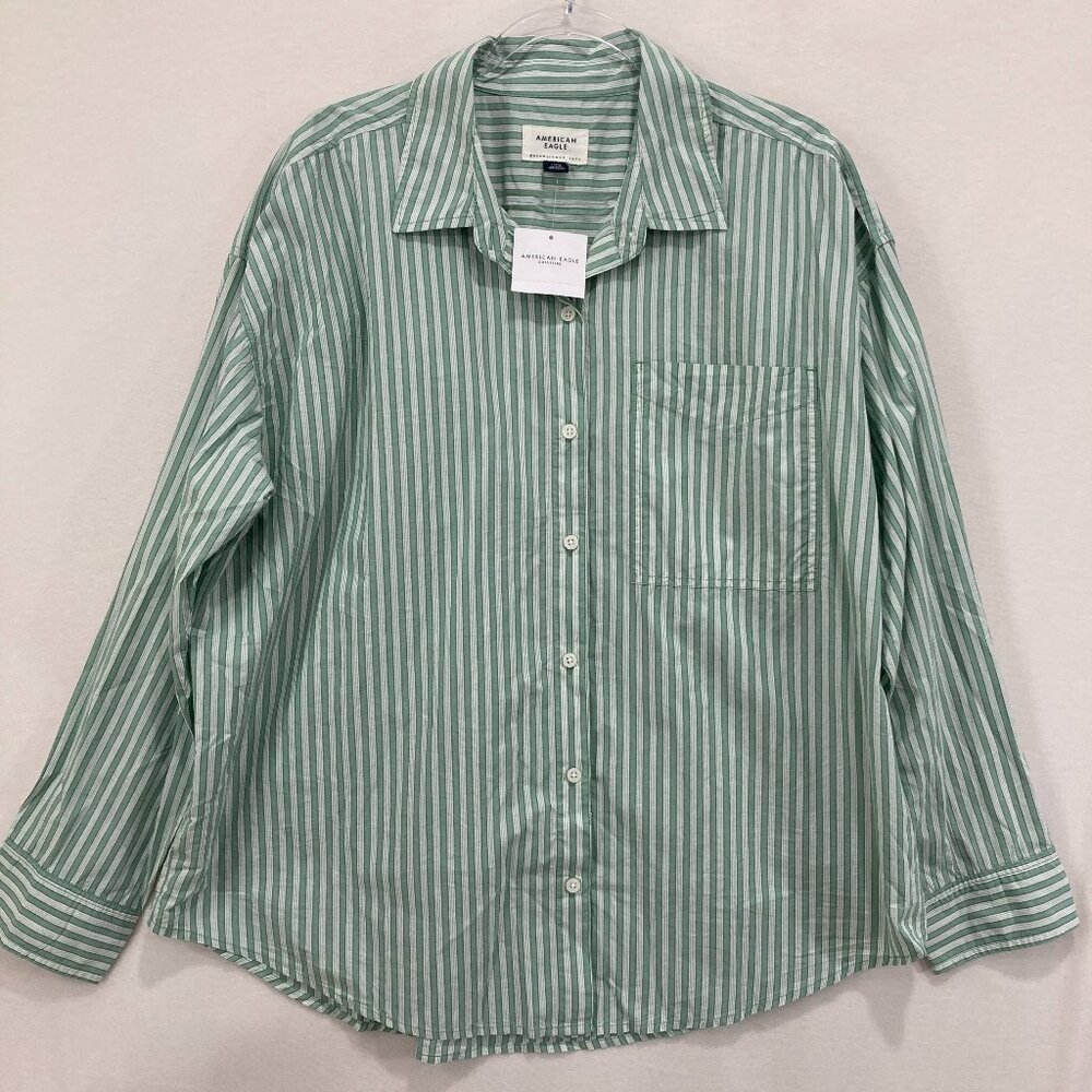 New American Eagle Large Striped Long Sleeve Button Up Relaxed Oversized Preppy‎